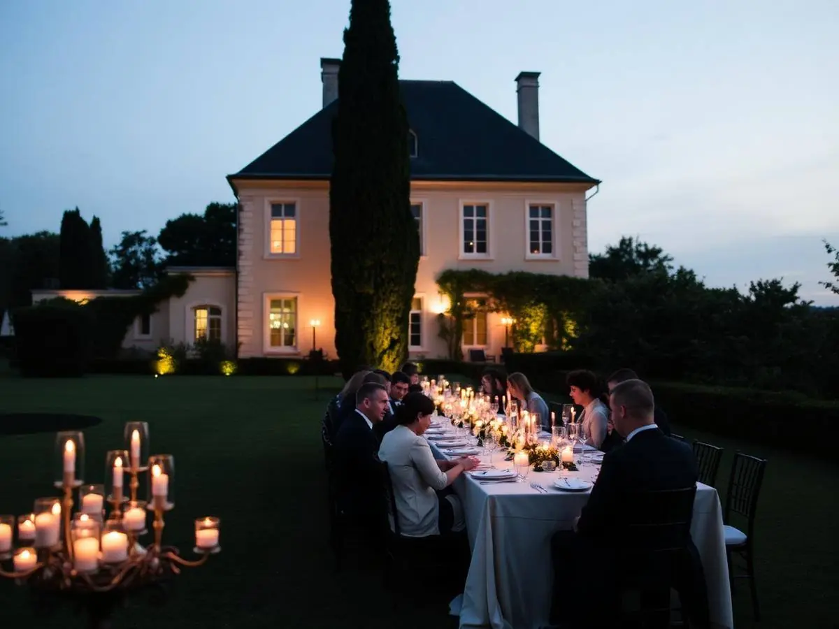 Dîner de mariage dressé dans le parc d'une demeure